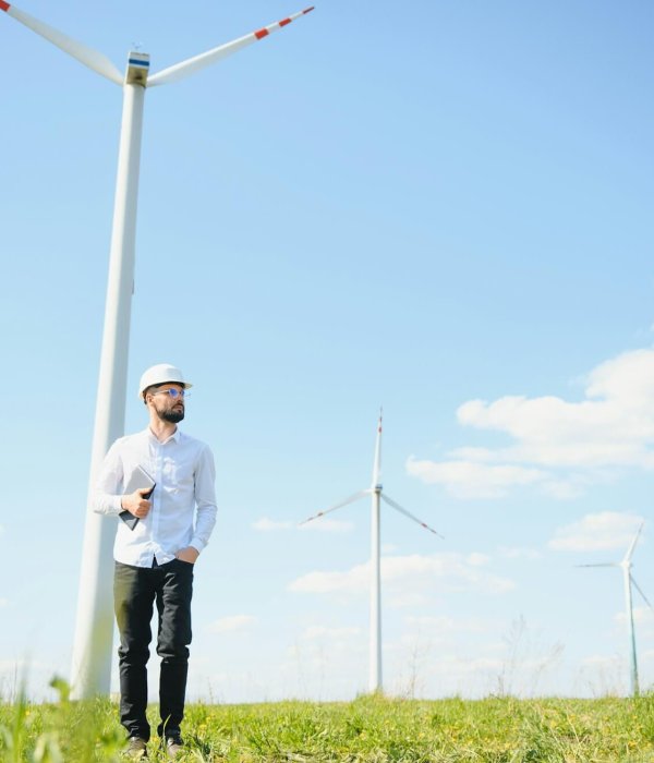 Engineer is checking energy production on wind turbine. Worker in windmills park